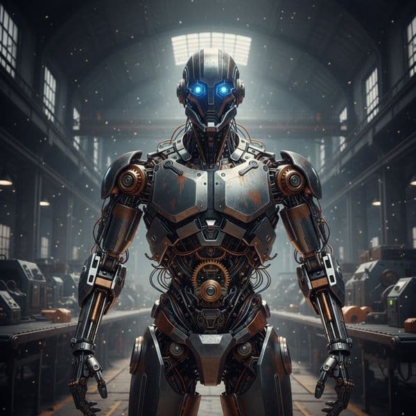 Detailed metallic robot in factory